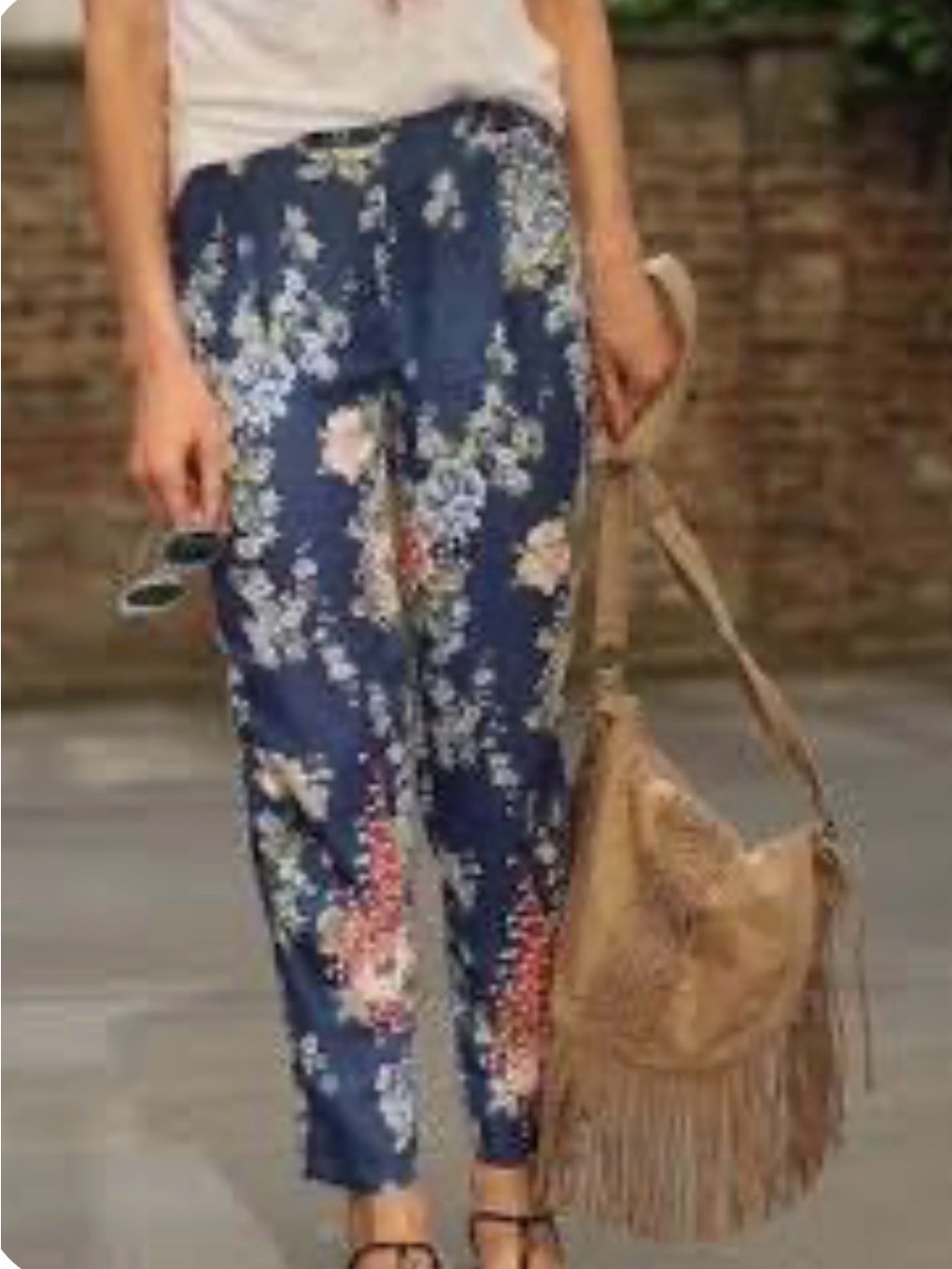Zara Satin Chinoiserie Floral Pants Trousers Blue Slacks